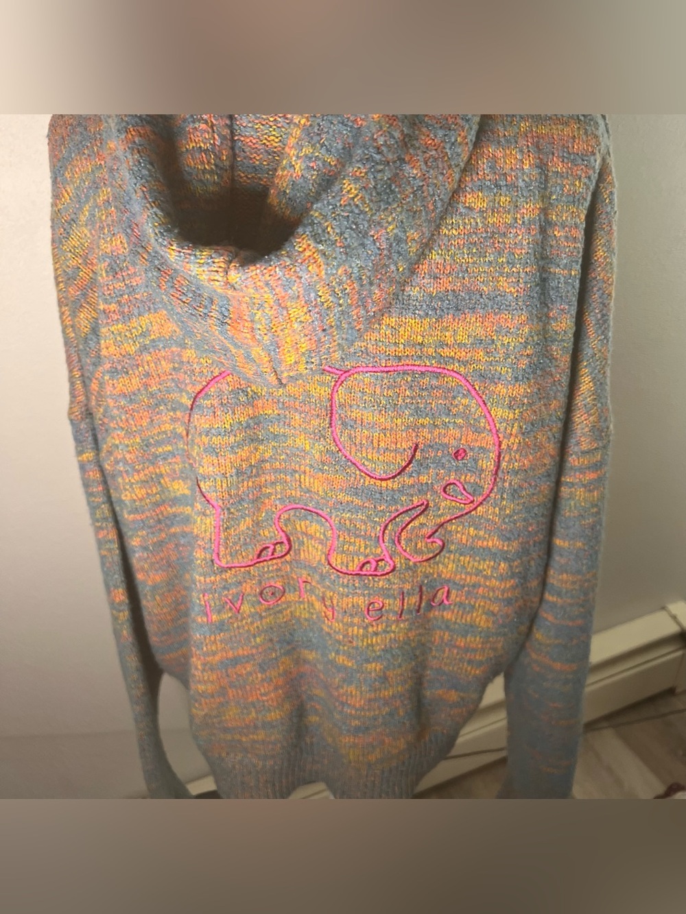 ivory ella Blue and Yellow Marled Cowl Neck Sweater with Pink Elephant